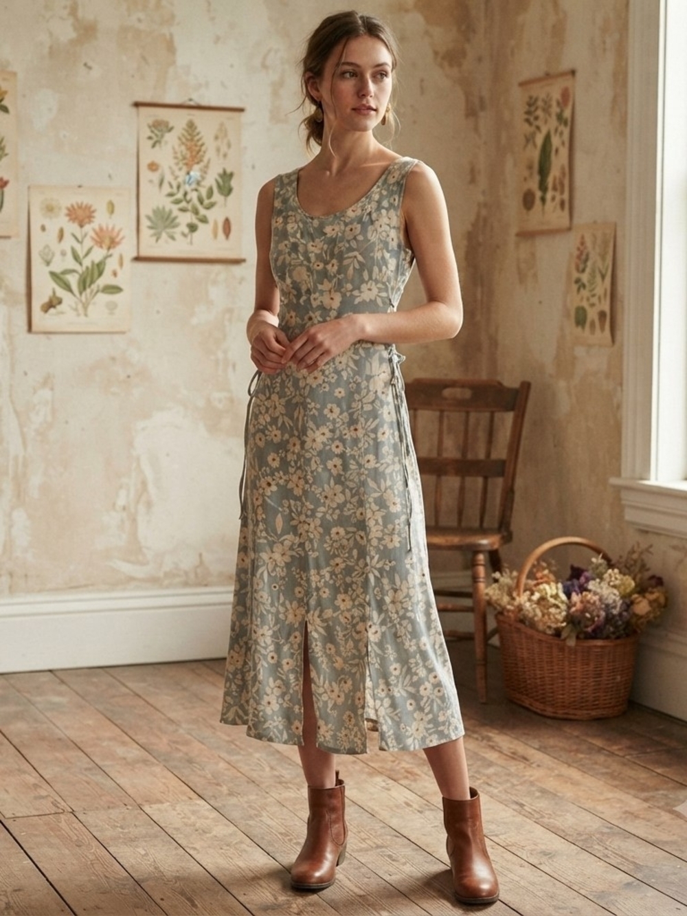 Vintage Floral Scoop Neck Midi Dress in Dusty Blue